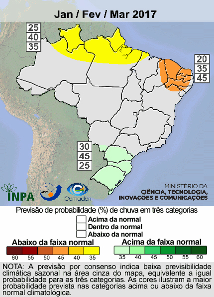 Mapa do Brasil indicando chuva abaixo do normal no Sul e em parte do Nordeste e pouco acima do normal em áreas do Norte do país