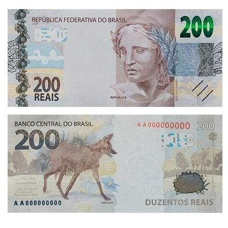 A imagem mostra a nova nota de 200 reais. Ela é azul acinzentada, traz a figura do lobo-guará à esquerda.