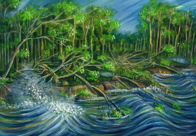 A imagem mostra uma pintura a óleo. Na cena, mostra um rio de cor azul revolto e ao lado árvores caindo dentro da água. As árvores são verdes e os troncos marrons.