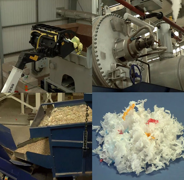 Quatro imagens do processo industrial de reciclagem das fraldas