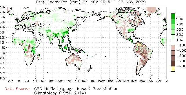 A imagem mostra um mapa global de anomalias de chuva. Ele mostra o contorno dos continentes e a quantidade de chuva ao longo dos anos de 1981 a 2010. Se chove mais a cor é verde e se chove menos a cor é roxa. No mapa se vê pontos da África, Austrália e a América do Sul em roxo, mostrando sua estiagem.